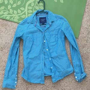 American eagle blue striped button down blouse